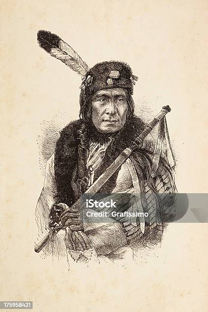 Ilustración de Grabado Of Native Tribal Americana Con Calumet Jefe y más Vectores Libres de Derechos de Cacique - Líder
