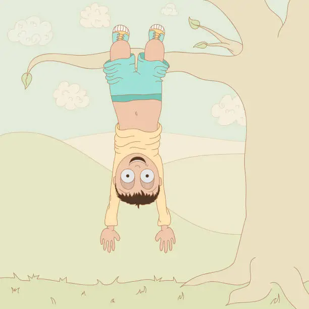 Vector illustration of Boy hanging from a tree