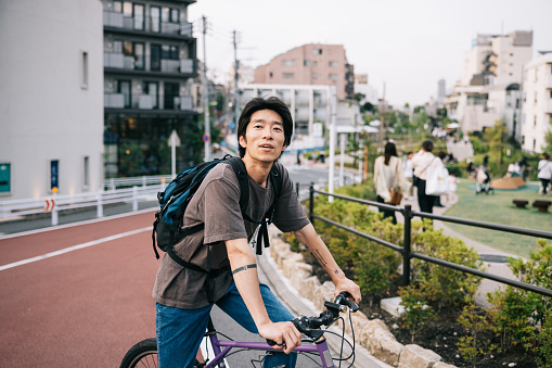 Photo session on young male commuter with bike in Tokyo ShimoKitazawa.