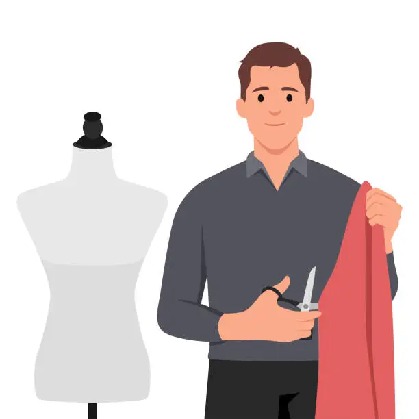 Vector illustration of Young man dressmaker designer holding scissors and cloth looking at the camera.