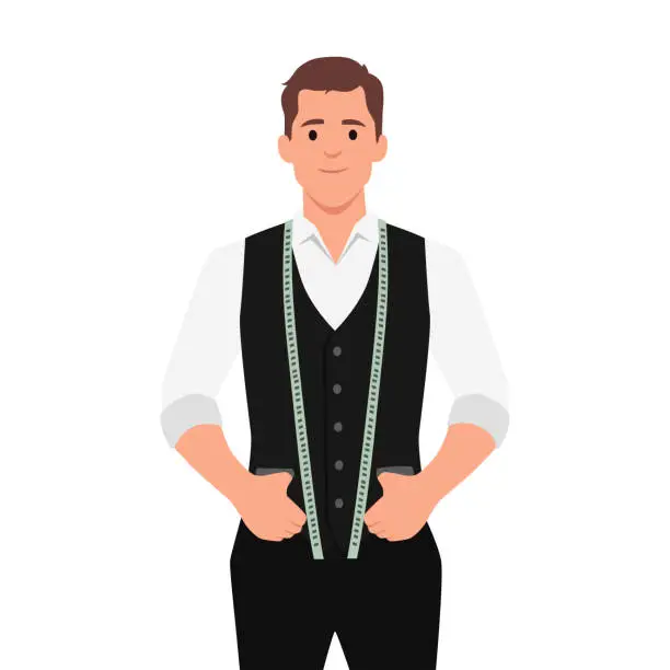 Vector illustration of Young man tailor with a measuring tape around his neck.