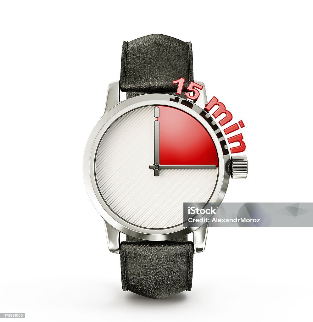 A wristwatch showing a fifteen minute timescale conceptual watch isolated on a white background Minute Hand Stock Photo