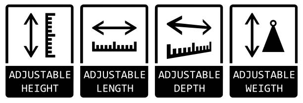 stockillustraties, clipart, cartoons en iconen met vector icons with inscriptions: adjustable length, adjustable height, adjustable depth, and adjustable weight. - verstelbaar
