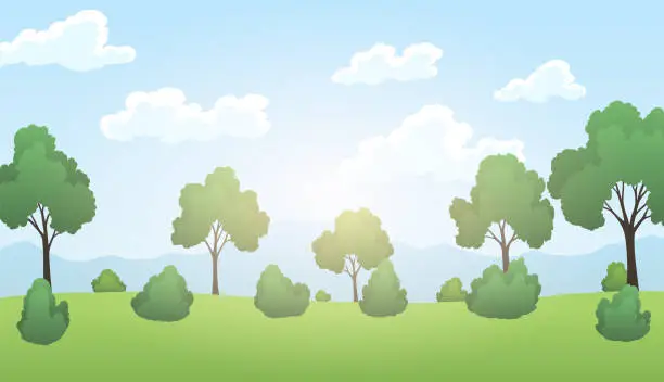 Vector illustration of Empty outdoor urban. City summer park with green trees. Town park landscape nature. Cartoon vector illustration