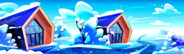 Vector illustration of Winter sunny landscape with country houses near a road with snow-covered trees. Creative vector illustration in cartoon style.