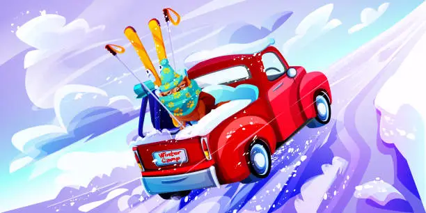 Vector illustration of A frozen bulldog with skis in a pickup truck goes to a winter camp on vacation against the backdrop of a country winter landscape. Creative vector illustration in cartoon style.