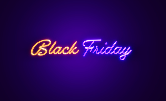 Neon colored Black Friday word on purple background. Horizontal composition with copy space.