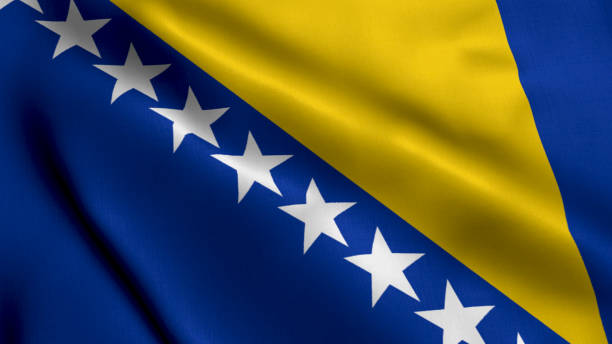 bandiera della bosnia ed erzegovina. trama ondeggiante in raso del tessuto dell'illustrazione 3d della bosnia ed erzegovina. bandiera real texture della bosnia ed erzegovina - bosnia herzegovinan flag foto e immagini stock
