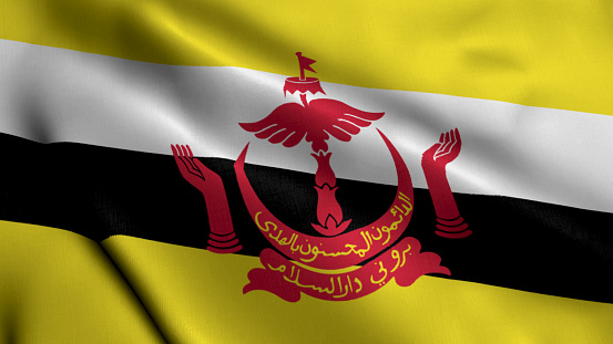 Brunei Flag. Waving  Fabric Satin Texture of the Flag Negara Brunei Darussalam 3D illustration. Real Texture Flag of the Brunei Darussalam