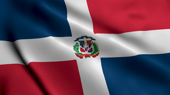 Dominican Republic Flag. Waving  Fabric Satin Texture of the Flag of Dominican Republic 3D illustration. Real Texture Flag of the Dominican Republic