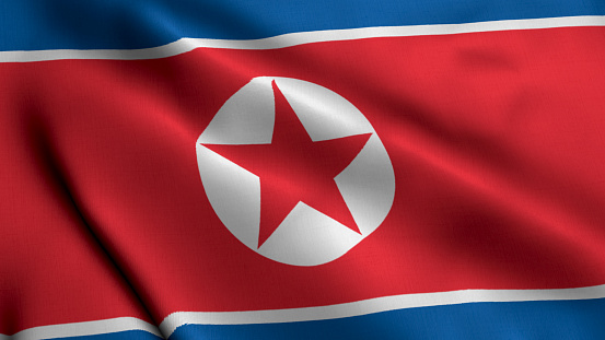 DPRK Flag. Waving  Fabric Satin Texture of the Flag of DPRK 3D illustration. Real Texture Flag of the Democratic Peoples Republic of Korea