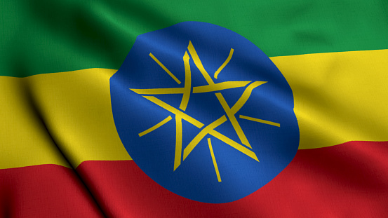 Ethiopia Flag. Waving  Fabric Satin Texture of the Flag of Ethiopia 3D illustration. Real Texture Flag of the Ethiopia