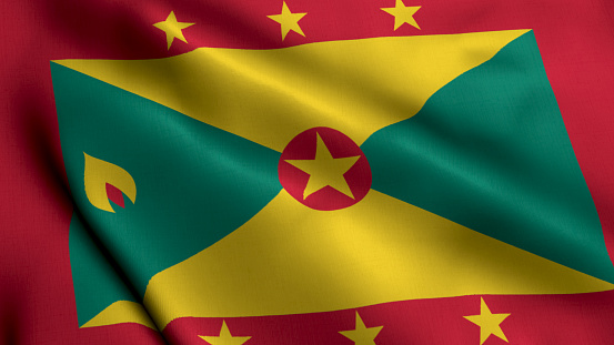 Grenada Flag. Waving  Fabric Satin Texture Flag of Grenada 3D illustration. Real Texture Flag of the Grenada