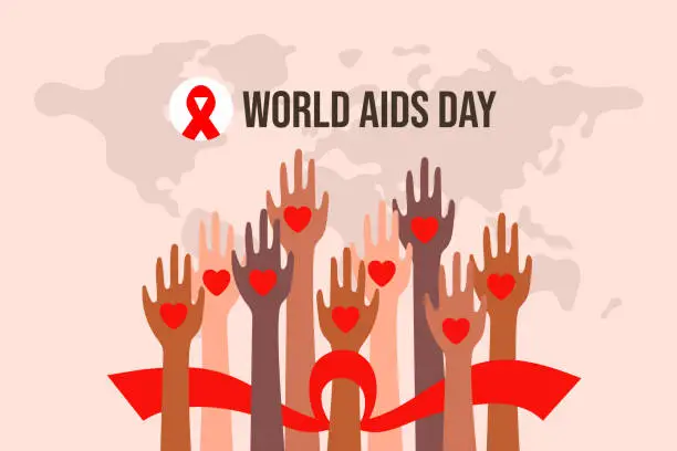 Vector illustration of World aids day. Multiracial Hands and red ribbon