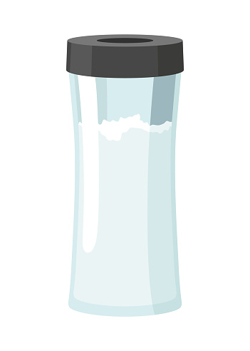 Salt icon. Glass jar, saltcellar with kitchen seasoning, flavoring for sprinkling spicy powder. Ingredient, condiments for food. Vector illustration of spice powder food.