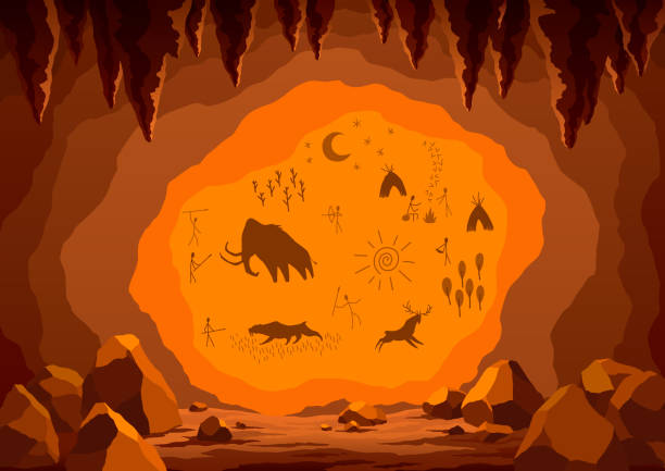 Prehistoric cave with paintings. Old drawings of primitive people, stone age art. Ancient history and archeology. Primitive caveman sketch. Vector cartoon Illustration.