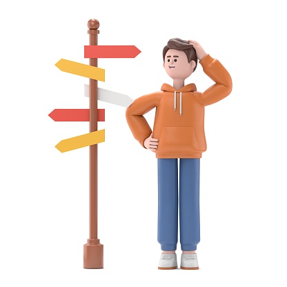 3D illustration of male guy Qadir standing at a crossroad and looking directional sign arrows.3D rendering on white background.
