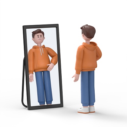 3D illustration of male guy Qadir standing and looking in mirror. Flat style illustration.3D rendering on white background.