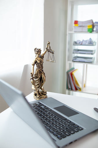 statue of god Themis Lady Justice is used as symbol of justice within law firm to demonstrate truthfulness of facts and power to judge without prejudice Themis Lady Justice is of justice. Copy Space