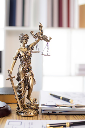 statue of god Themis Lady Justice is used as symbol of justice within law firm to demonstrate truthfulness of facts and power to judge without prejudice Themis Lady Justice is of justice. Copy Space