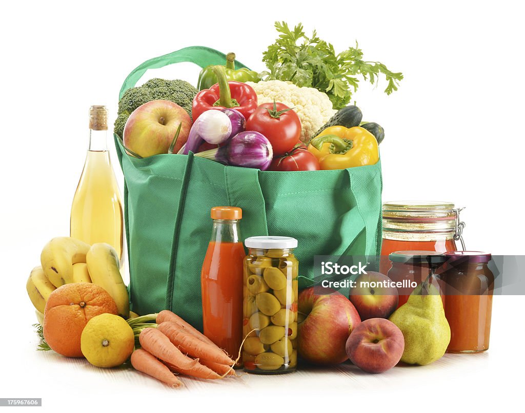Green shopping bag with grocery products Alcohol - Drink Stock Photo