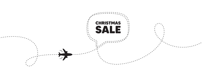 Christmas Sale tag. Plane travel path line banner. Special offer price sign. Advertising Discounts symbol. Christmas sale speech bubble message. Plane location route. Dashed line. Vector