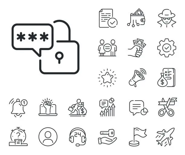 Vector illustration of Lock line icon. Padlock password sign. Salaryman, gender equality and alert bell. Vector