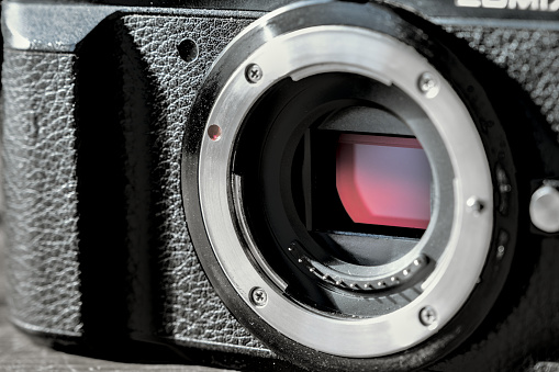 Close-up of the frame and sensor of a micro four third camera.