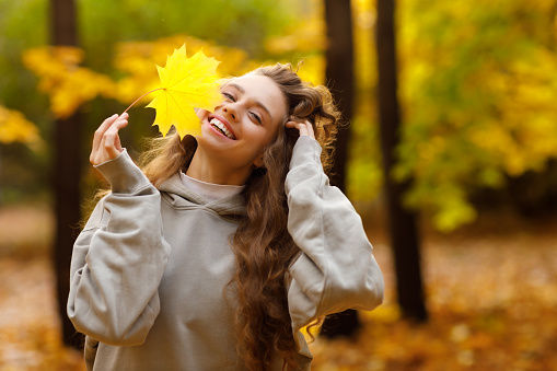 Young laughing woman holds yellow leaf in her hand in the park at sunset