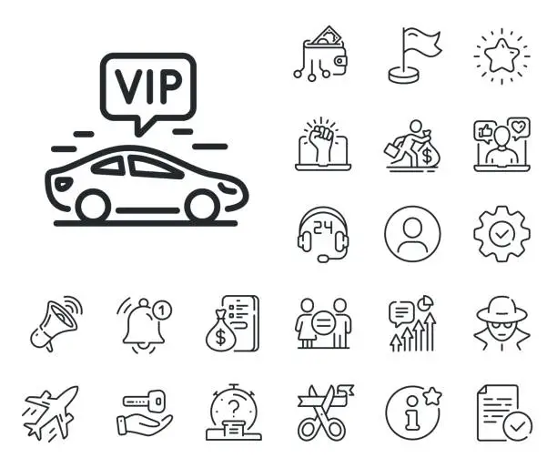 Vector illustration of Vip transfer line icon. Very important person transport sign. Salaryman, gender equality and alert bell. Vector