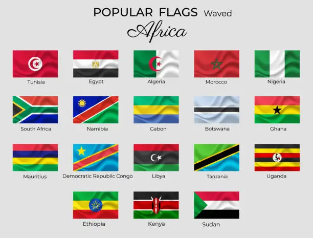 Vector illustration of Waved flags of African countries. Africa flags set. 3d waved design. Nigeria Uganda Egypt Kenya Vector isolated