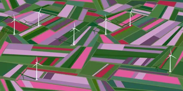 Vector illustration of Seamless Flat Abstract Colorful Field Of Flowers With Wind Turbines Vector Illustration Background