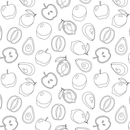 Seamless coloring pattern with avocados, apples, limes, kiwis whole, cut in half, flowers, different circles on white background. Pattern is suitable for children's coloring, T-shirt print design, notebook, album