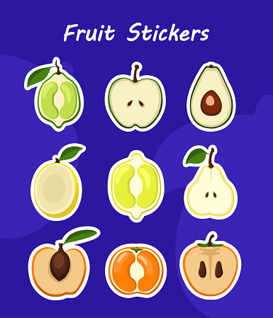 Stickers set of fruits cut in half apple, lime, pear, avocado, lemon, peach, apricot, mango, orange, persimmon on lilac background with the inscription