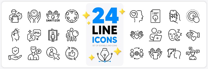 Icons set of Engineering team, Hand sanitizer and Electronic thermometer line icons pack for app with Thumb down, Romantic talk, Safe time thin outline icon. Consulting, Video conference. Vector