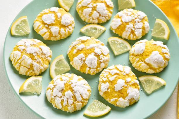 Homemade lemon crinkle cookies stock photo