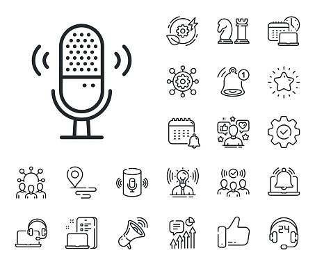 Studio mic sign. Place location, technology and smart speaker outline icons. Microphone line icon. Voice record device symbol. Microphone line sign. Influencer, brand ambassador icon. Vector