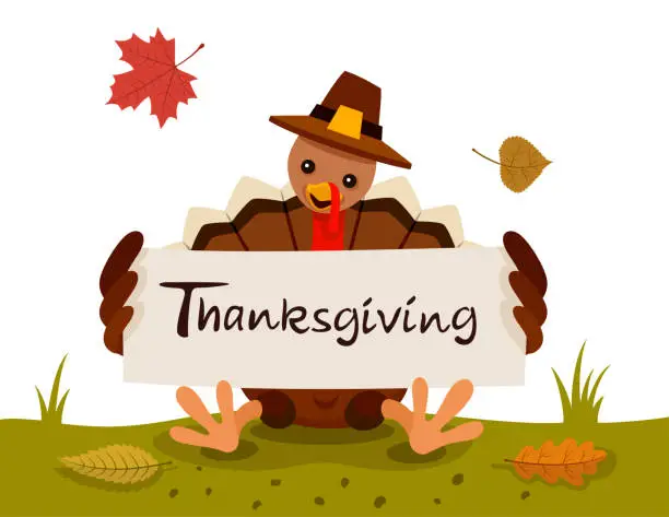 Vector illustration of Thanksgiving turkey with a blank paper sign.