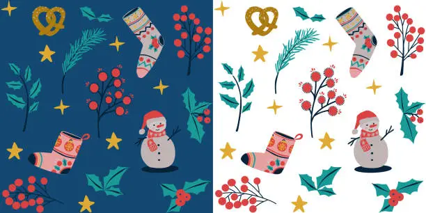 Vector illustration of New Year and Christmas seamless pattern set with Christmas symbols and elements, elegant winter design. Christmas and New Year pattern with transparent background.