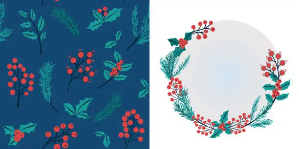 Vector illustration of Christmas set with Christmas print and greeting card, winter seasonal design, simple decorative wreath with Christmas floral elements. Transparent background