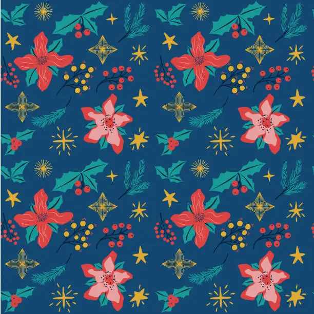 Vector illustration of New Year and Christmas seamless pattern with Christmas symbols and elements. Christmas and New Year vector background