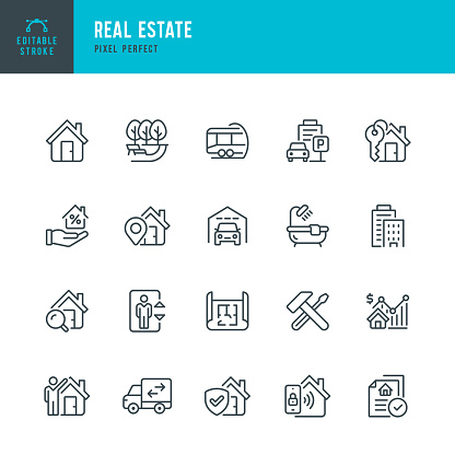 Real Estate - set of vector linear icons. 20 icons. Pixel perfect. Editable outline stroke. The set includes a Real Estate, House, Real Estate Agent, Park, Subway Station, Parking Lot, Parking Garage, House Key, Mortgage Loan, Repair Tools, Architectural Plan, Smart Home, House Insurance, Delivery Van.