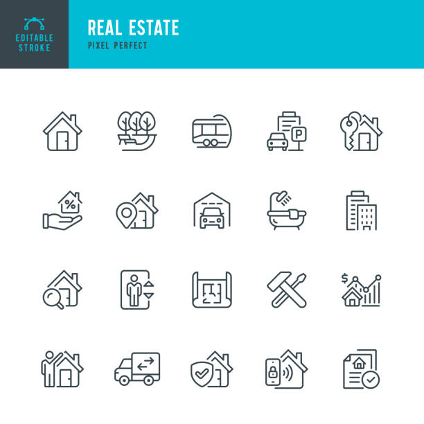 Real Estate - set of vector linear icons. Pixel perfect. Editable stroke. The set includes a Real Estate, House, Real Estate Agent, Park, Subway Station, Parking Lot, Parking Garage, House Key, Mortgage Loan, Architectural Plan, Smart Home, House Insuran Real Estate - set of vector linear icons. 20 icons. Pixel perfect. Editable outline stroke. The set includes a Real Estate, House, Real Estate Agent, Park, Subway Station, Parking Lot, Parking Garage, House Key, Mortgage Loan, Repair Tools, Architectural Plan, Smart Home, House Insurance, Delivery Van. guest bathroom stock illustrations
