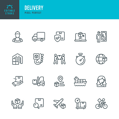 Delivery - set of vector linear icons. 20 icons. Pixel perfect. Editable outline stroke. The set includes a Delivery, Delivery Person, Delivery Home, Delivery Van, Warehouse, Forklift, Container Ship, Support, Airplane Shipping, Freight Insurance, Order Surveillance.