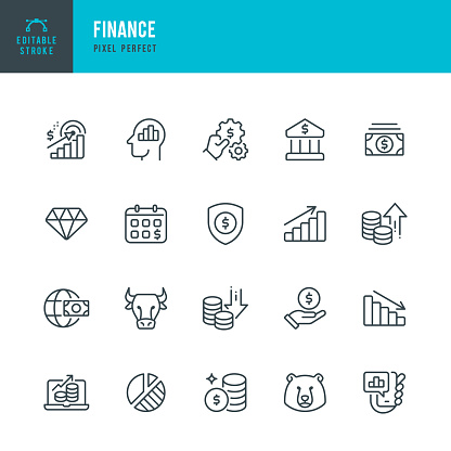 Finance - set of vector linear icons. 20 icons. Pixel perfect. Editable outline stroke. The set includes a Finance, Bear, Bull, Bank, Financial Targets, Paper Currency, Coin, Money, Diagram Up, Diagram Falling, Diamond, Financial Solution.