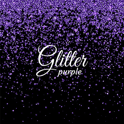 Purple glitter on a black background. Sparkling texture. Background for text. Diffused shine. Purple glitter spray. Template for holiday decoration.