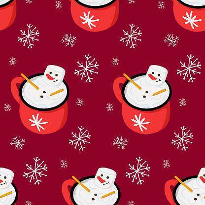 Winter hot chocolate and marshmallow snowman in a mug seamless pattern. Cute and funny childish design on dark red background. Ideal for decoration, wrapping paper, textile, wallpaper