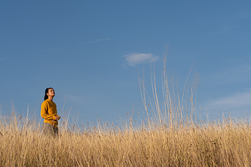 Young woman hiking through autumn fields and hills against blue sky during warm day. Weekend, leisure, sport concept