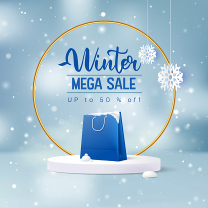 Winter sale product banner, podium platform with shopping bag and snowflake