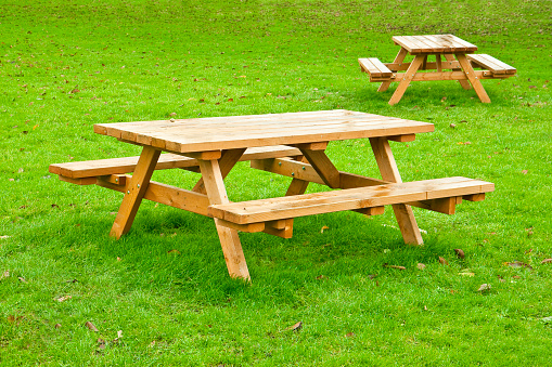 Two wooden picnic table on a green meadow of a public park.